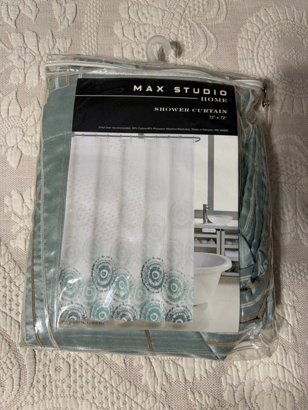 Max Studio Sage Green embroidered Shower Curtain - see fabric not package photo